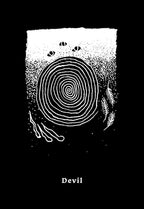 Black and white illustration with a central spiral design, eyes, and hands on a black background.