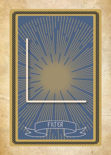 Decorative card with sunburst design and 'Filter' text on a textured beige background