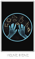 A square black art print or poster featuring a circular illustration with two glowing blue hands above several small gold abstract symbols on a black background. Below the circle, the text reads 'I RELATE IN PEACE' in a thin outlined font.