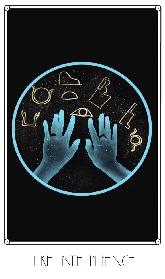 A square black art print or poster featuring a circular illustration with two glowing blue hands above several small gold abstract symbols on a black background. Below the circle, the text reads 'I RELATE IN PEACE' in a thin outlined font.