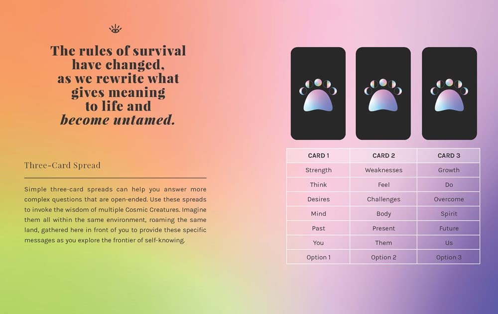 Three-card spread with tarot cards and descriptive text on a gradient background
