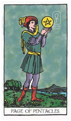 Tarot card featuring a person labeled 'Page of Pentacles' with a pentacle symbol.