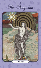 Tarot card featuring 'The Magician' with a stylized illustration of a figure and sun, on a purple background.