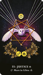 Tarot card featuring a dove, geometric shapes, and astrological symbols on a dark background.
