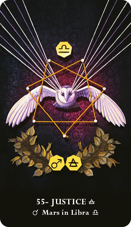 Tarot card featuring a dove, geometric shapes, and astrological symbols on a dark background.