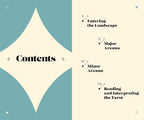 A flat, front-facing book or booklet page showing a table of contents with decorative teal and cream geometric shapes and black text reading 'Contents' and chapter titles.