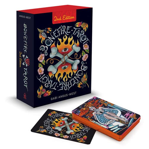 Bonfire Tarot cards with a colorful box design featuring flames and bones.