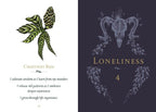 Illustration of a chestnut bud on the left and an abstract design with 'Loneliness' and number 4 on the right, against a white and dark blue background.