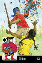 Illustration of a person in red with a blindfold, another person in yellow, and a card featuring a spade symbol.