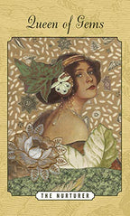 Vintage-style illustration of a woman with decorative elements and text 'Queen of Gems' and 'The Nurturer'.