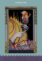 Decorative card with a hand holding a flaming torch against a dark background, framed by ornate borders.