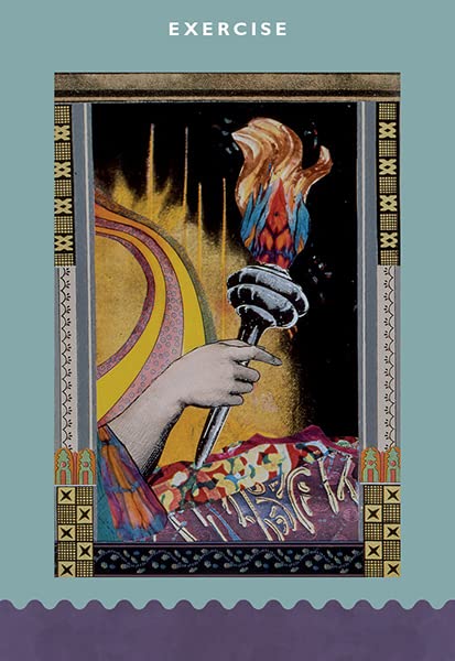 Decorative card with a hand holding a flaming torch against a dark background, framed by ornate borders.