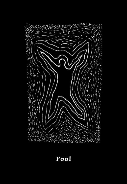 Black and white illustration of a figure with 'Fool' text at the bottom on a black background