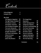 Table of contents for a deck of cards with card names and page numbers.