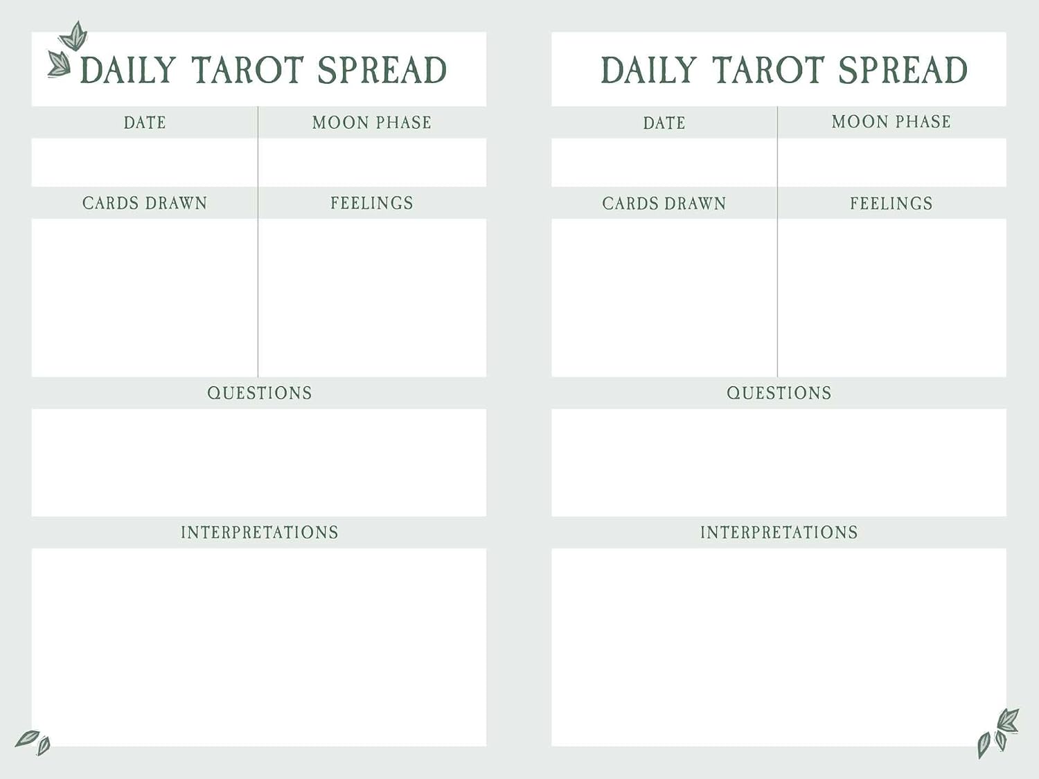 Blank sheet for daily tarot spread with columns for date, moon phase, cards drawn, feelings, questions, and interpretations.