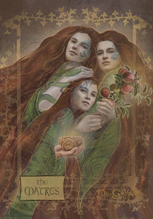 Three women with long red hair and green clothing, holding fruits and a symbol, on a decorative background.