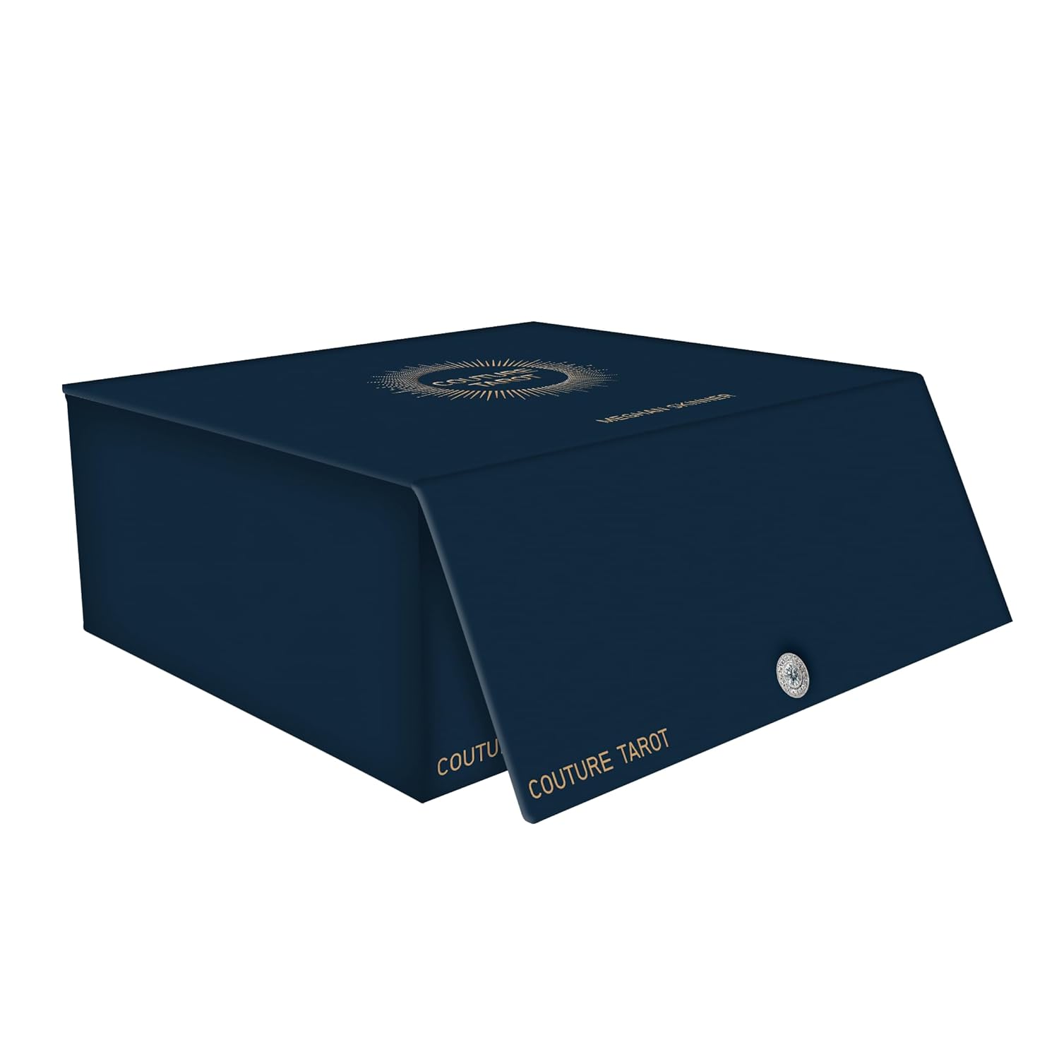 Blue tarot card box with 'Couture Tarot' branding on a white background