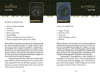 Two tarot cards with attributes listed on a black background