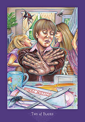 Illustration of a woman with outstretched hands, surrounded by flies and a 'Final Notice' sign, on a purple background.