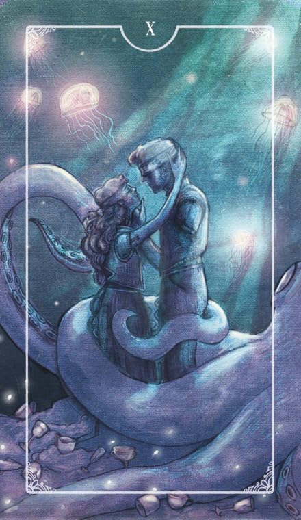 Artistic depiction of a mermaid and a human embracing underwater with jellyfish and light beams.