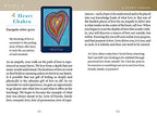 Page from a book about the Heart Chakra with a colorful heart illustration on a blue background.