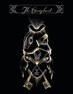 Tarot card illustration of 'The Hierophant' with key and skull design on a black background