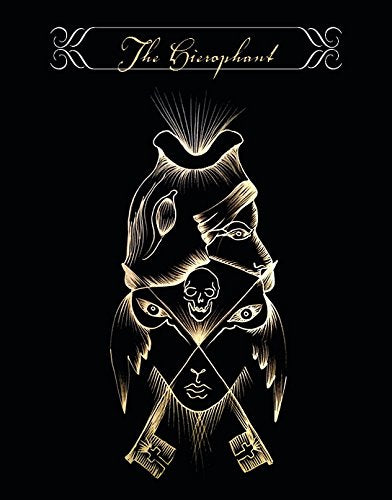 Tarot card illustration of 'The Hierophant' with key and skull design on a black background