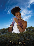 Woman with jewelry against a blue sky and tree background, with 'Zanahary' branding.