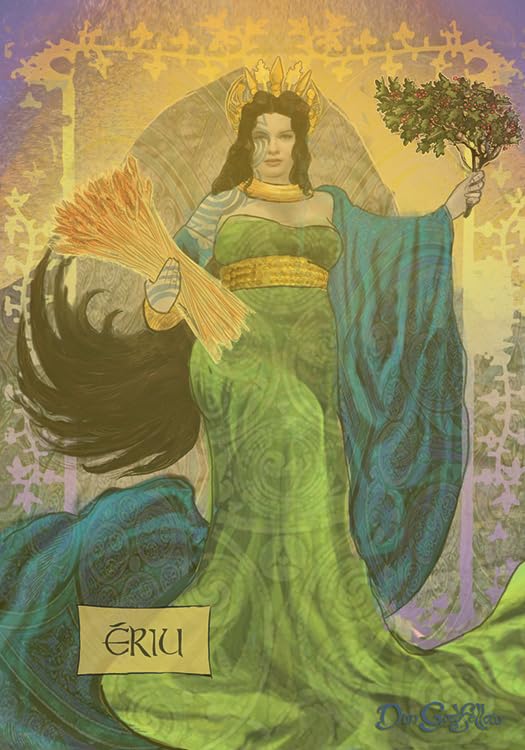 Feminine figure in a green and blue dress holding a bundle of wheat and a branch, with 'Eriu' text at the bottom.