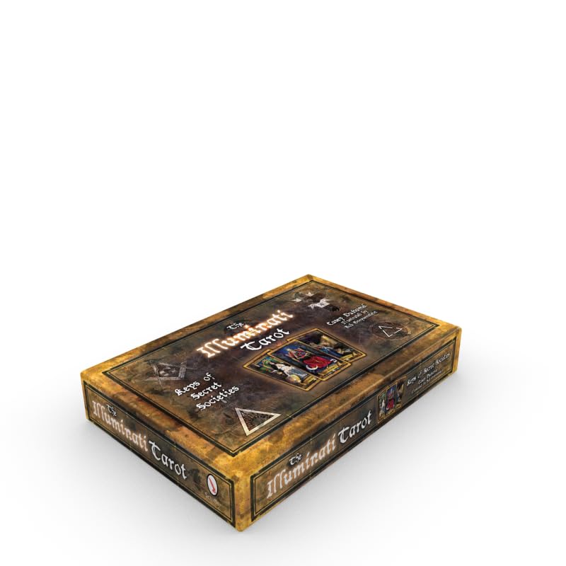 Wooden box with 'Illuminati Tarot' branding on a white background