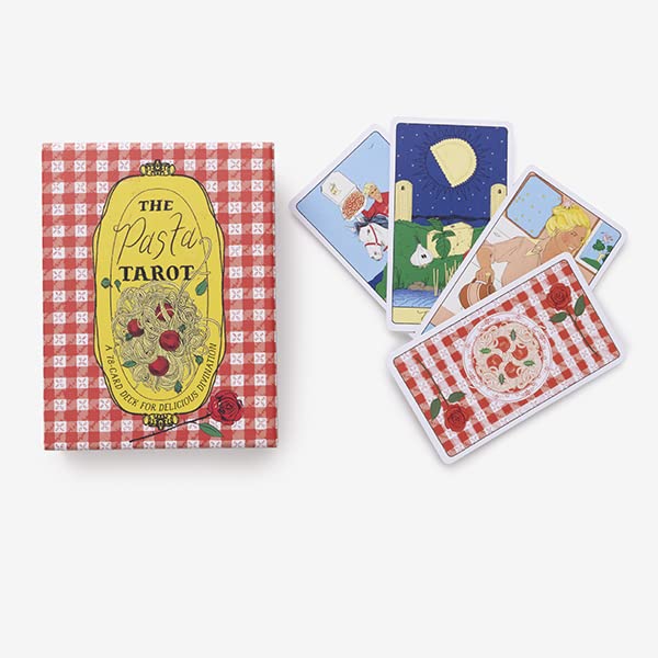 Pasta Tarot card set with a red and white checkered box and tarot cards featuring illustrations of pasta dishes.