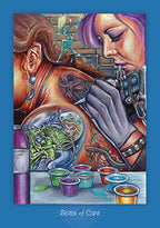 Artistic depiction of a tattoo artist at work with colorful ink bottles and a client's arm with tattoos.