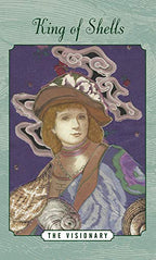Vintage-style illustration of a woman with decorative elements on a purple background, titled 'King of Shells'.
