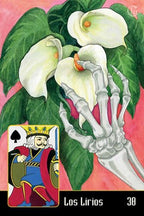 Card with skeleton hand holding flowers and King of Spades card on pink background