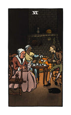 Tarot card with a scene of three people around a table, possibly in a cozy room.