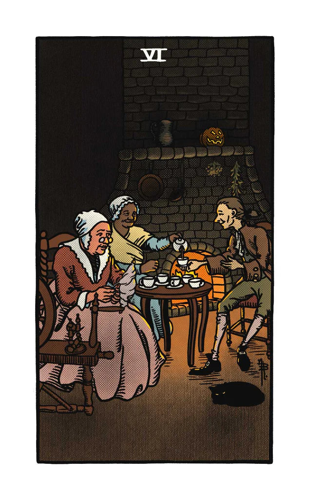 Tarot card with a scene of three people around a table, possibly in a cozy room.