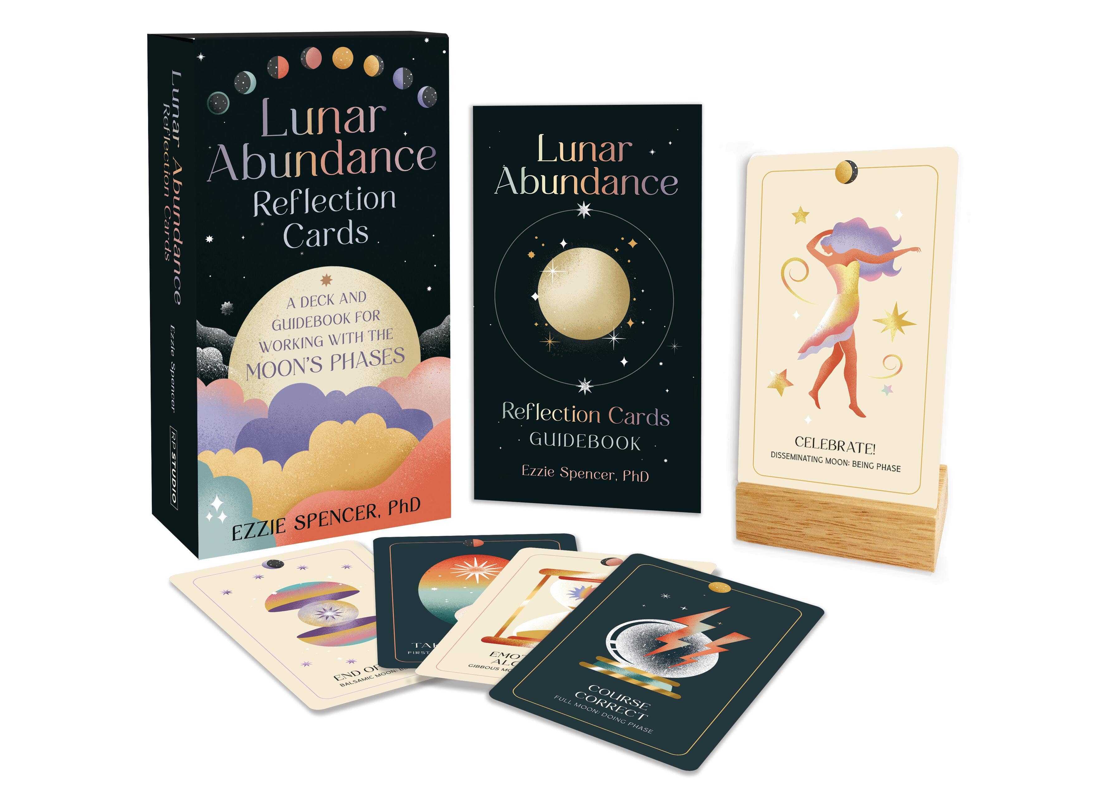 Lunar Abundance Reflection Cards set with cards, guidebook, and box on a white background