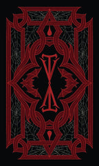 Red decorative symbol on a black background with spider web design