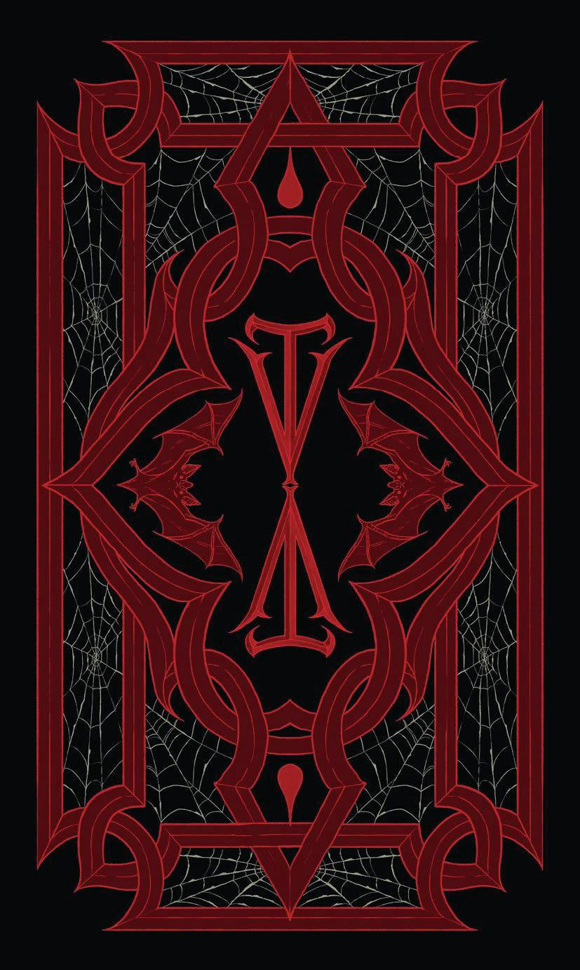 Red decorative symbol on a black background with spider web design
