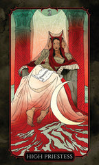 Tarot card featuring the 'High Priestess' with a woman in a red and white robe and a crescent moon.