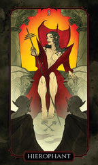 Tarot card featuring a figure in red robes with a staff, set against a fiery background.