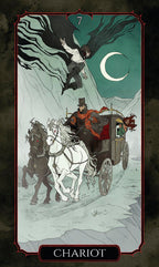 Tarot card titled 'Chariot' with a person riding a horse-drawn carriage under a crescent moon.