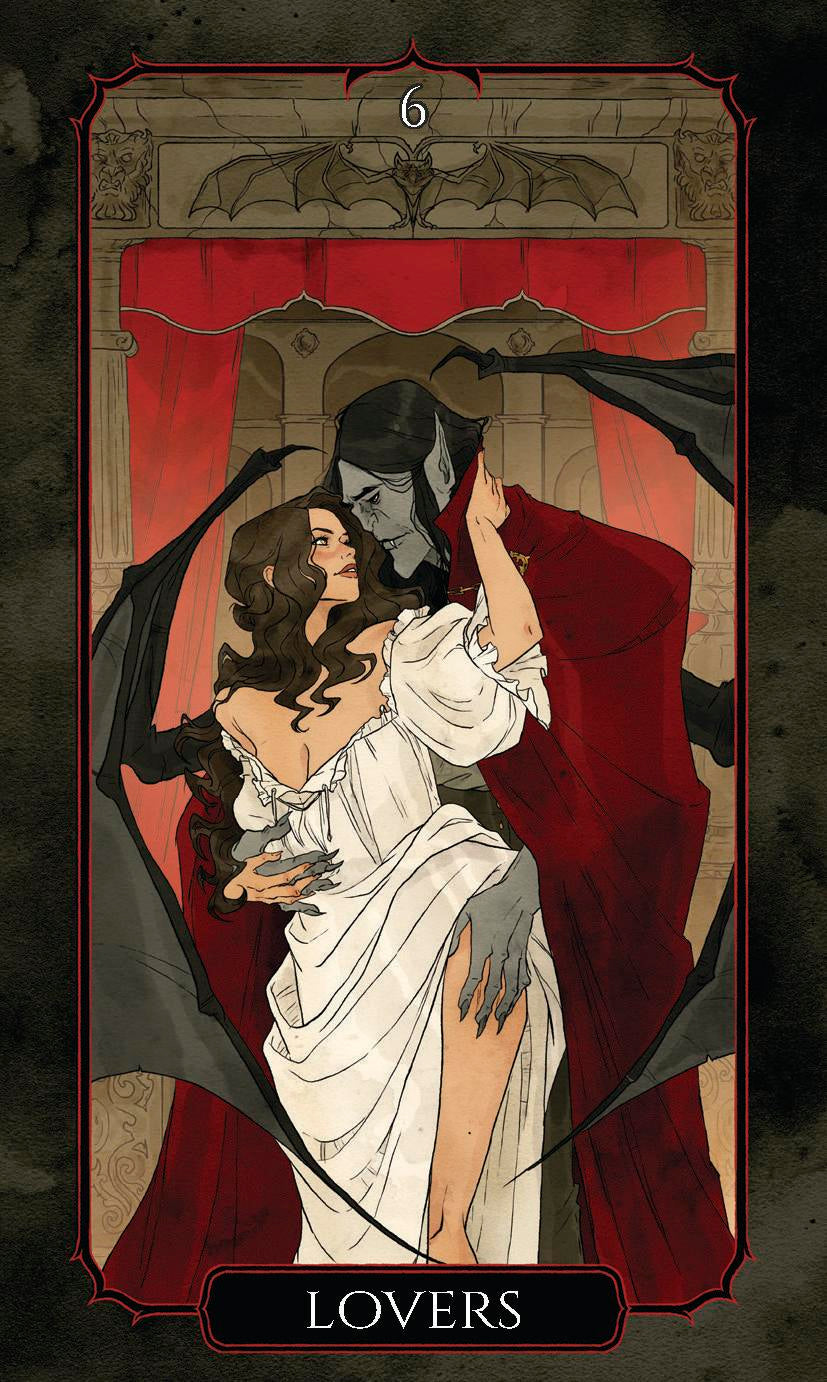 Tarot card titled 'Lovers' with a dark, gothic design featuring a couple embracing.