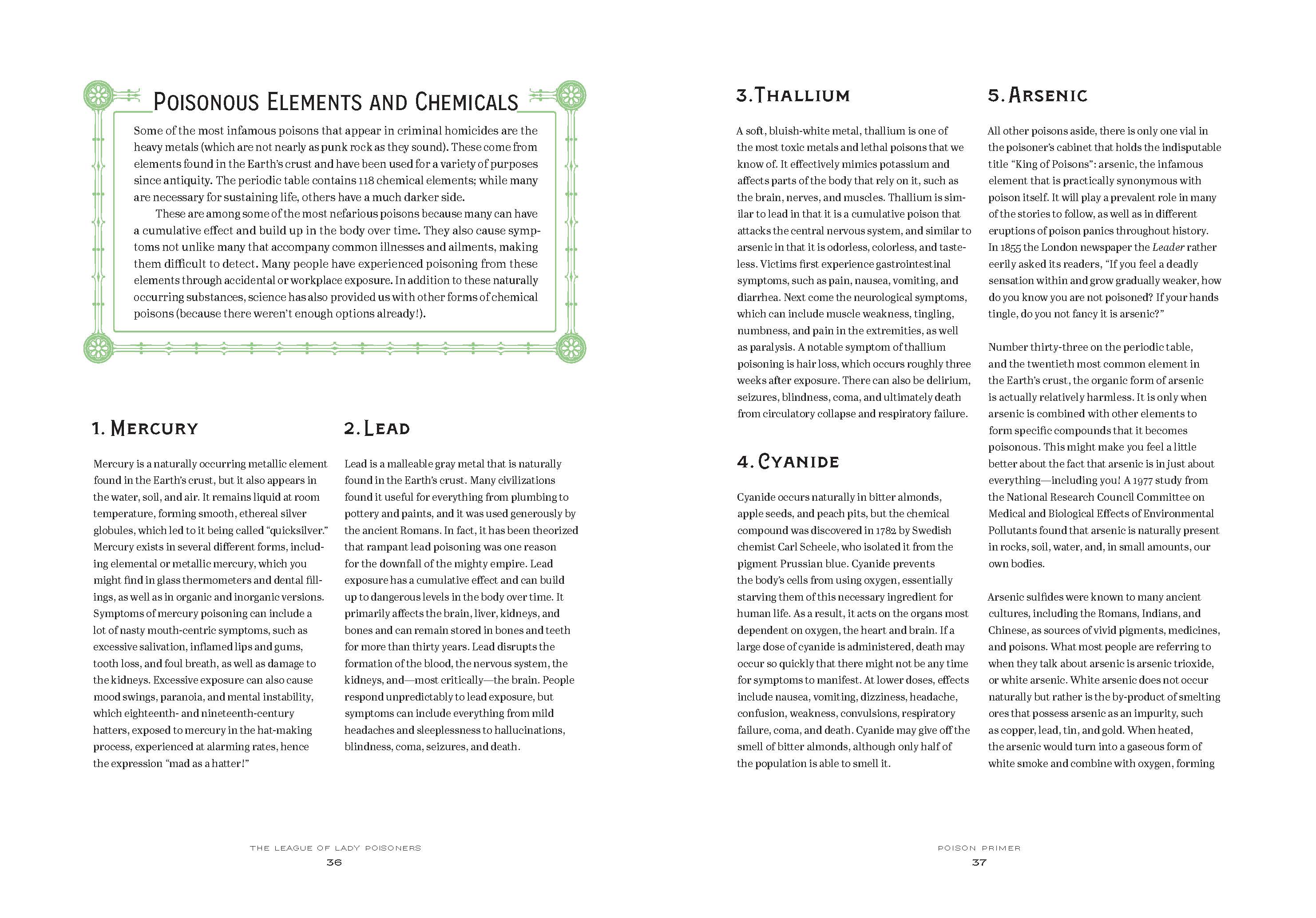 Page from a book listing poisonous elements and chemicals with text and bullet points.