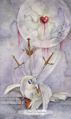 Card featuring a swan with three swords and a heart, titled 'Three of Swords'.