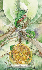 Card featuring a green dragon on a tree branch with a pentacle symbol, set against a nature-themed background.