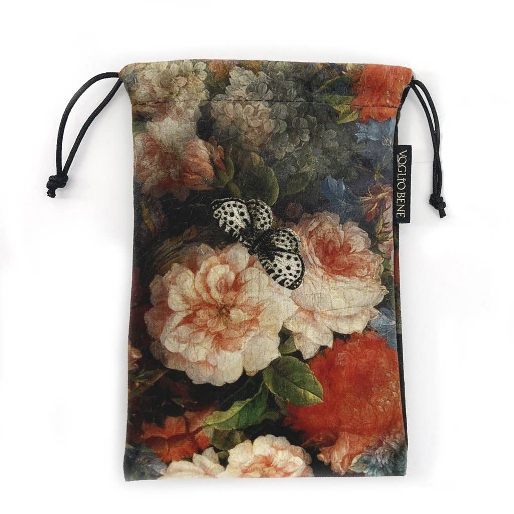 Drawstring bag with floral design and butterfly on a white background
