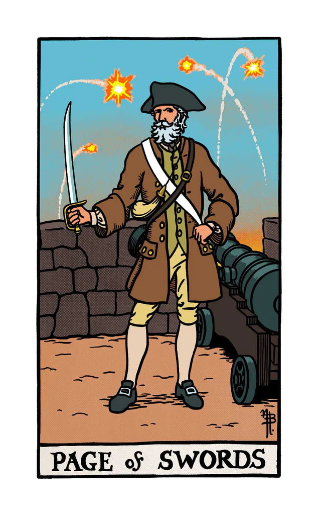 Cartoon character in a tarot card style, holding swords and a cannon, with 'Page of Swords' text at the bottom.