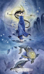 Fairy in a blue dress with a snake, surrounded by turtles and a moonlit sky.