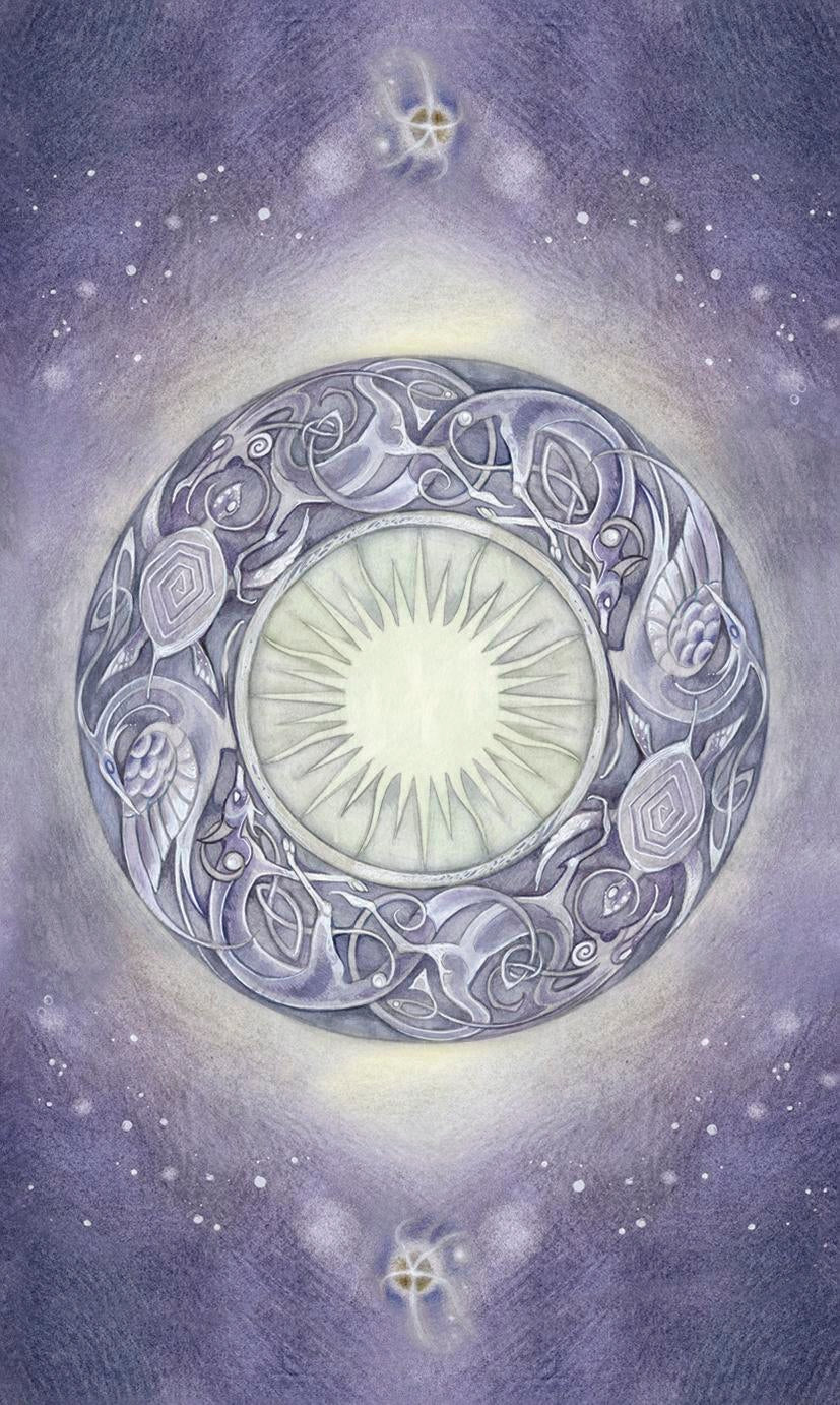 Decorative circular design with intricate patterns on a starry night sky background